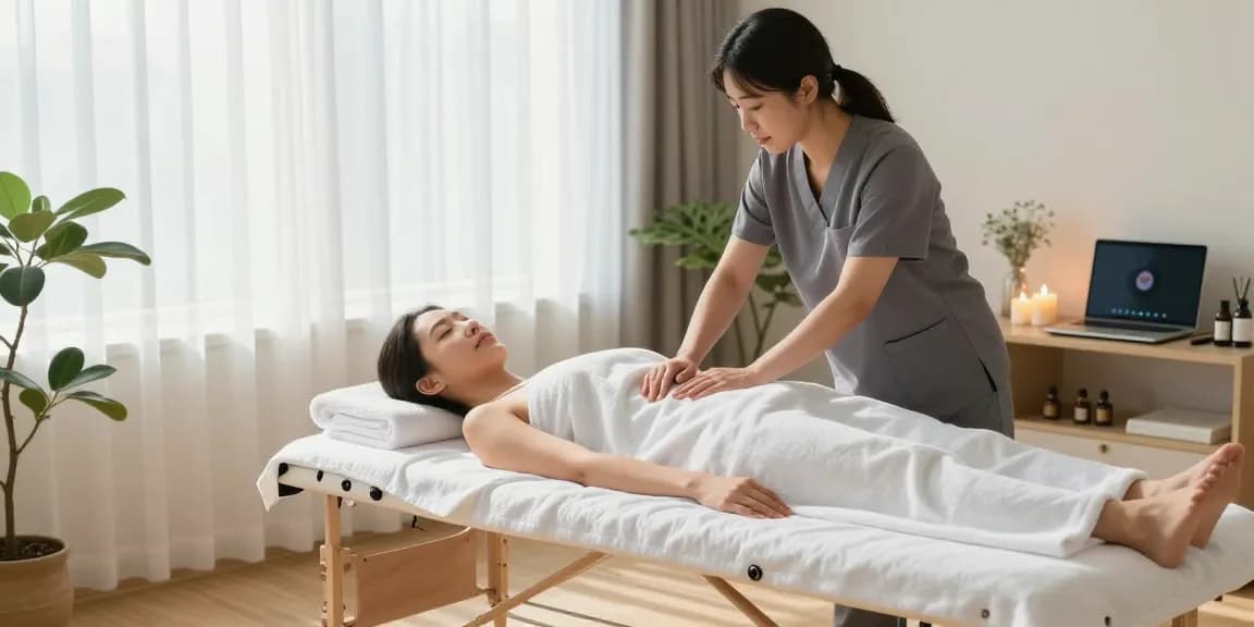 수원출장마사지 서비스를 제공하는 한국인 관리사가 편안한 분위기에서 고객에게 마사지를 진행하는 모습