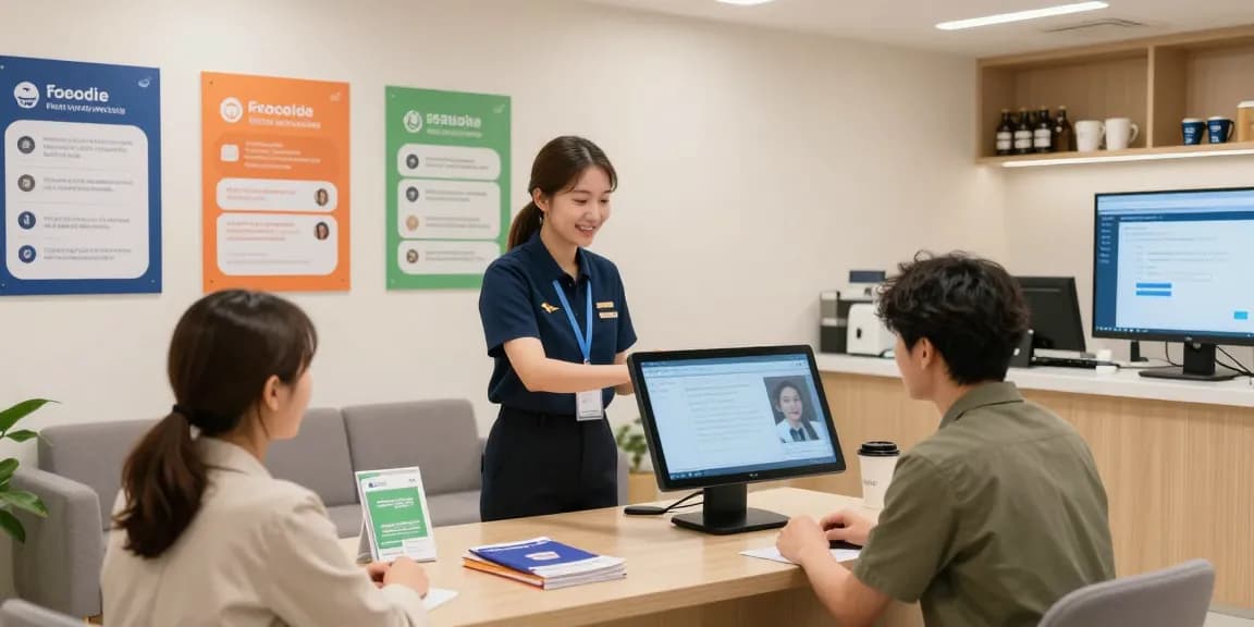 Client interaction at an 오피사이트 service desk with professional consultation.