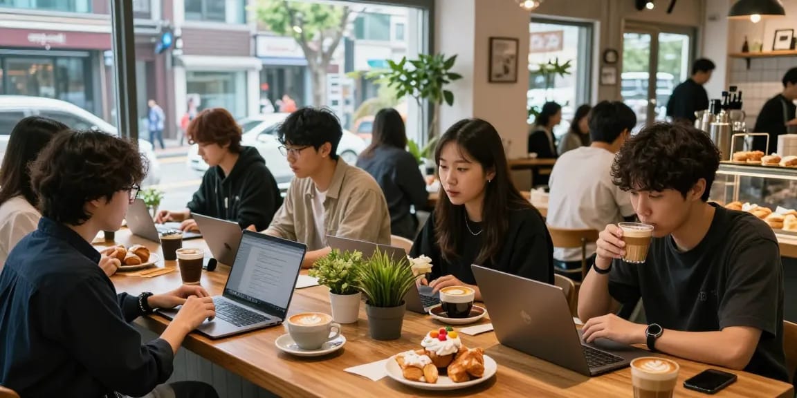 강남 세이렌의 현대적인 카페 문화에서 커피를 즐기는 사람들
