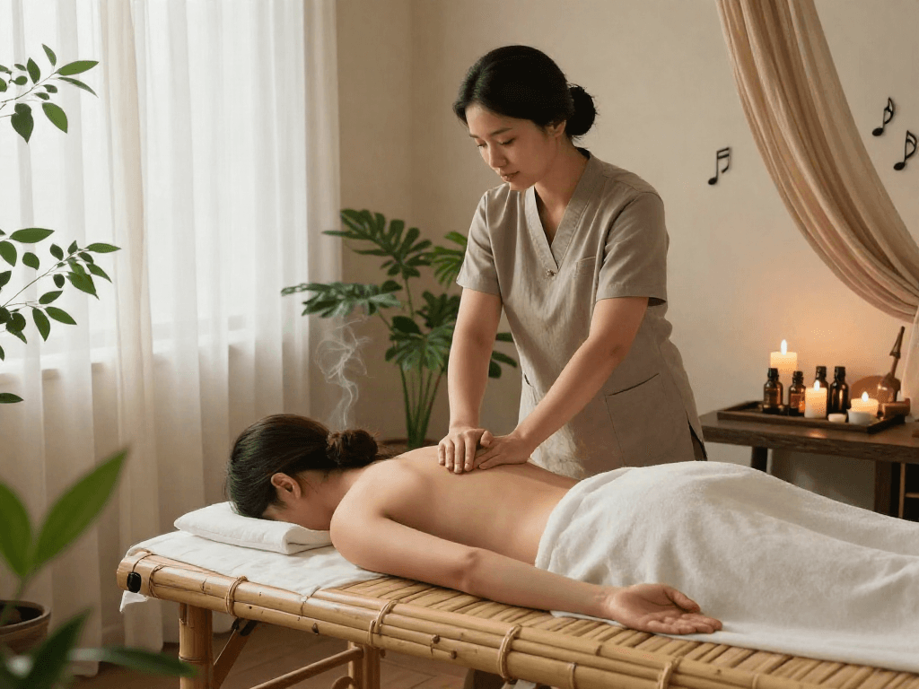 Relaxing 남양주출장마사지 session in a serene spa environment with calming natural elements.