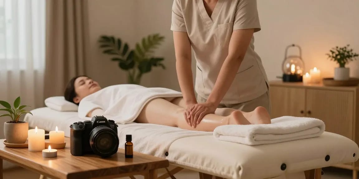 Premium 구리출장안마 service with a professional therapist preparing a calming home massage environment.
