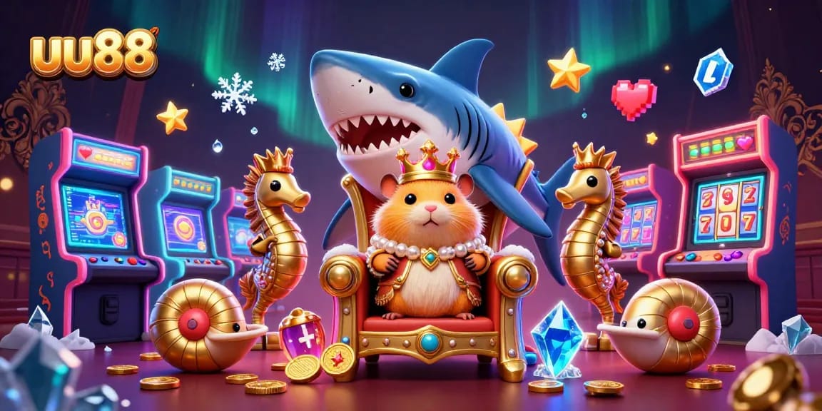 Spin the reels at uu88 with a vibrant scene showcasing a hamster king on a megalodon throne, amidst glowing slot elements.