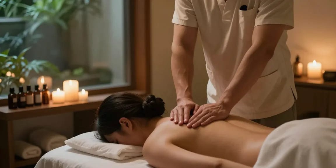 부산마사지로 편안하게 관리받는 모습과 아늑한 스파 환경