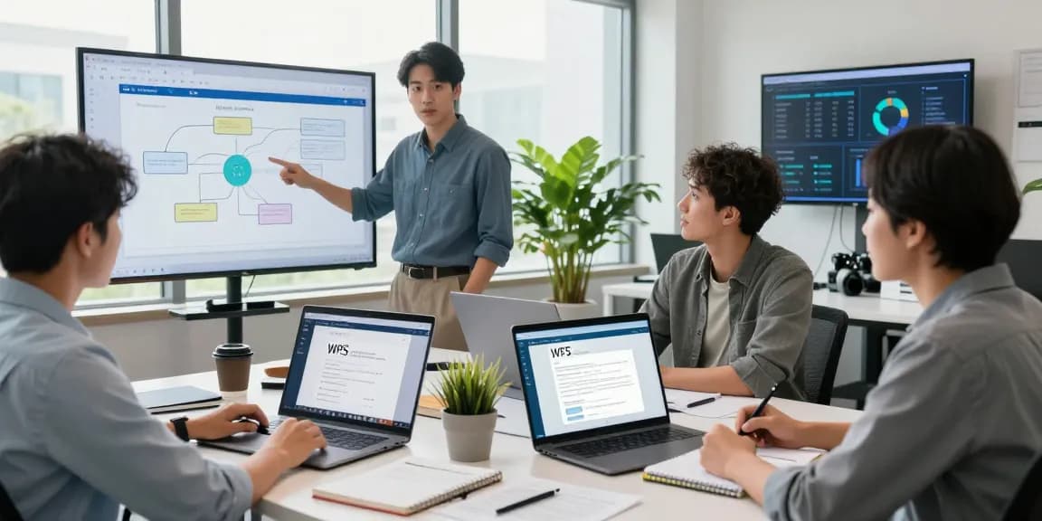 Team discussing WPS Download features in a modern office environment.