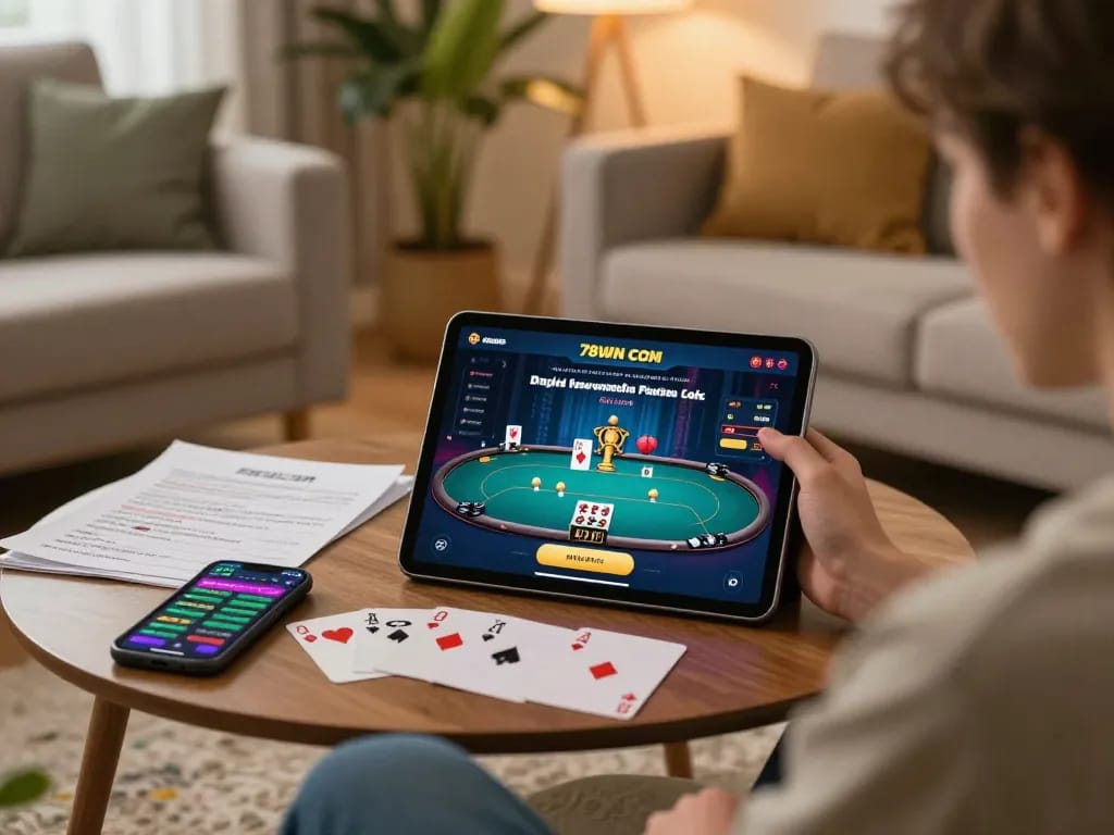 Engaging with the 78WIN COM poker interface on a tablet in a cozy living room setup.