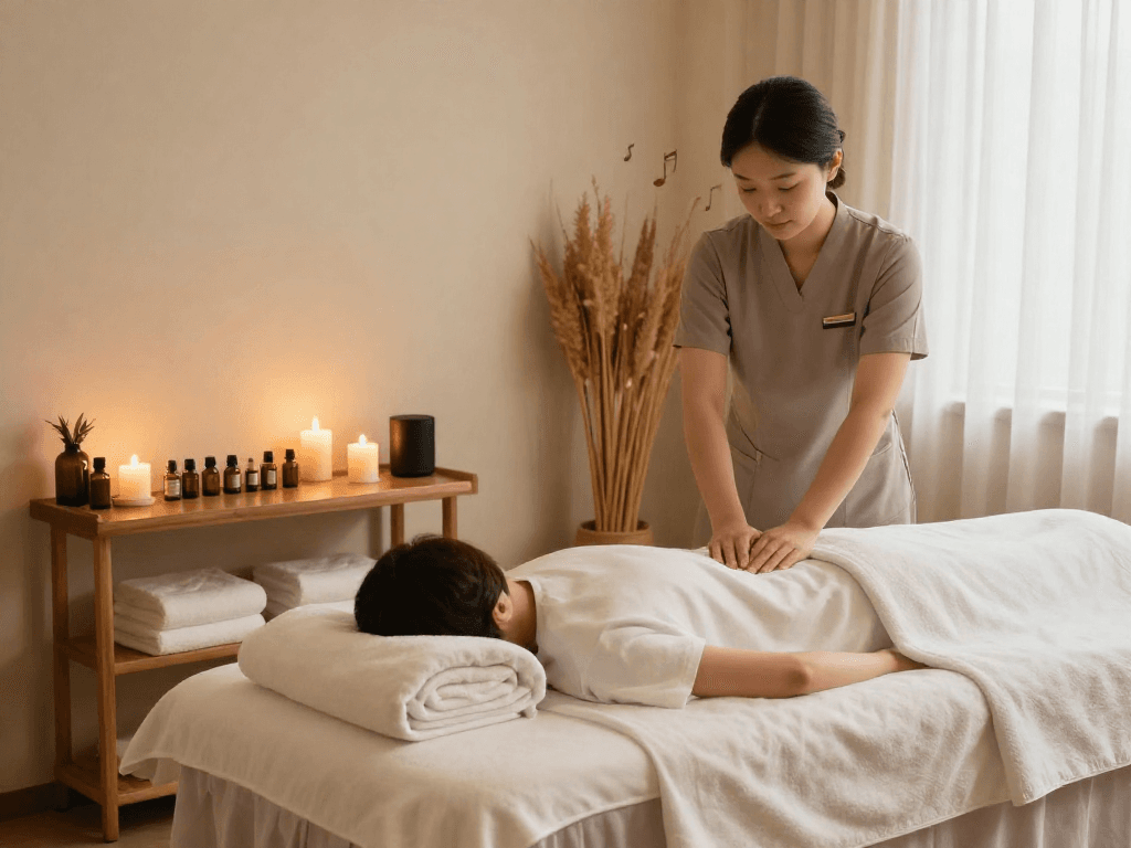 Tranquil 부평출장마사지 spa scene featuring a relaxing treatment room with soft lighting, essential oils, and calming atmosphere.