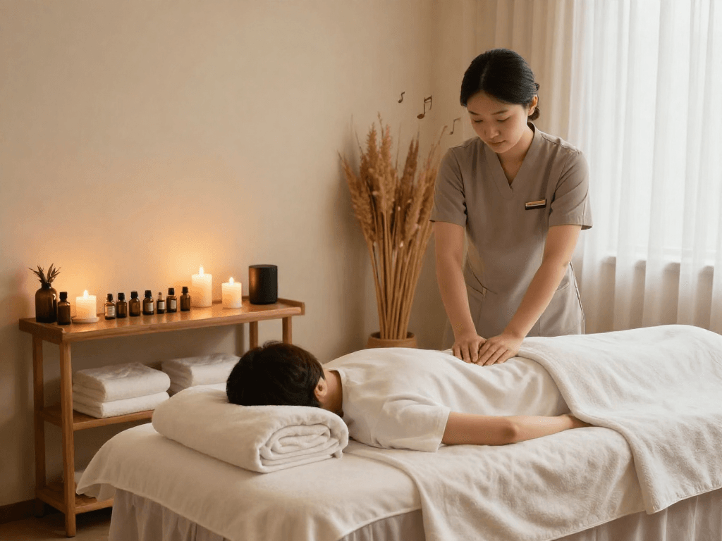 Tranquil 부평출장마사지 spa scene featuring a relaxing treatment room with soft lighting, essential oils, and calming atmosphere.