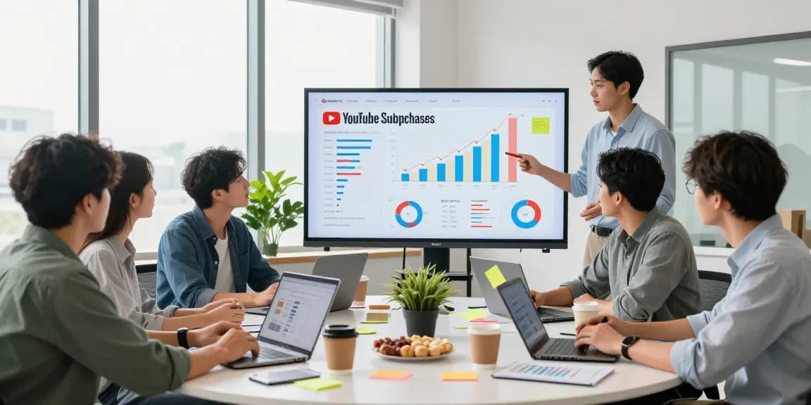 YouTube 登録者 購入に関するデジタルマーケティングチームの会議シーン