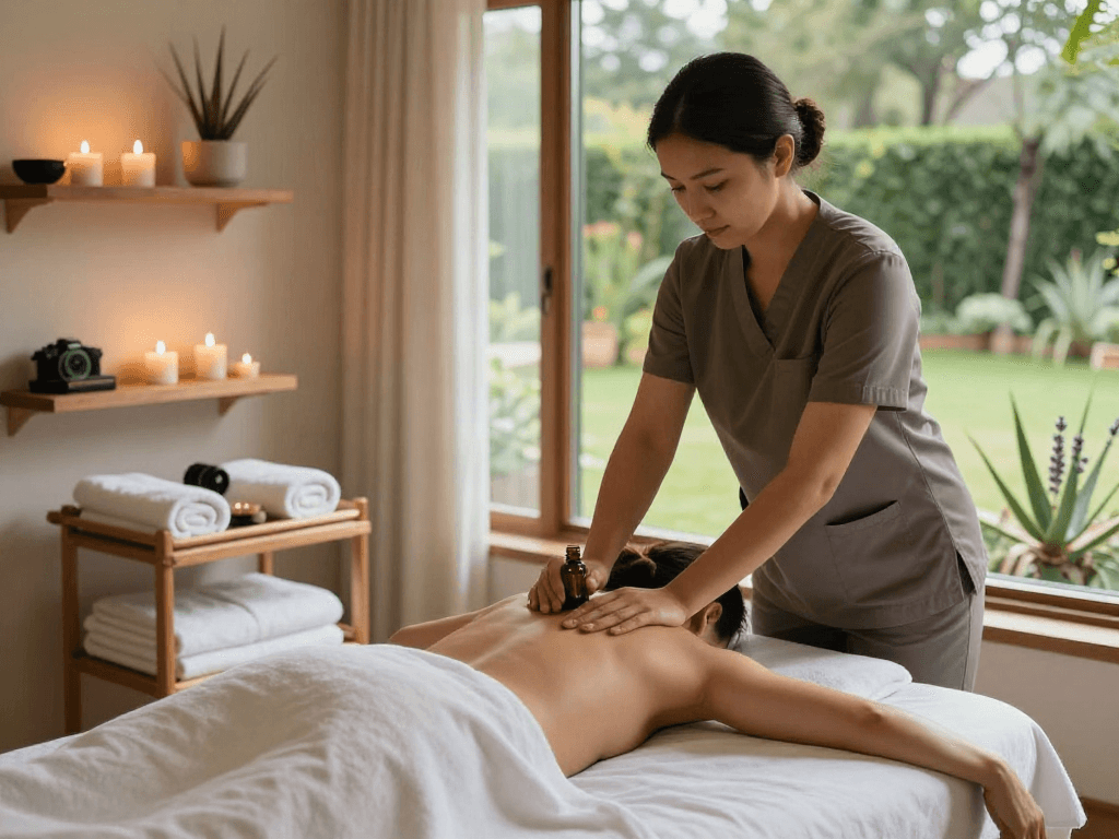 Experience 서대문출장마사지 in a serene spa setting with calming elements and a professional therapist.