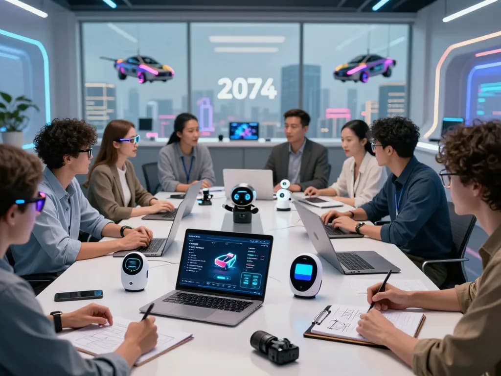 Exploring top 10 tech gadgets 2074 in a modern office with innovative technology and collaboration among tech enthusiasts.