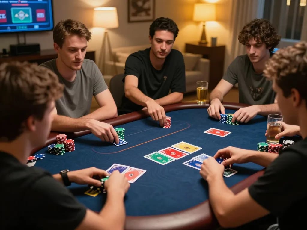 F168 online poker gameplay with players strategizing in a cozy home setting, engaging atmosphere.
