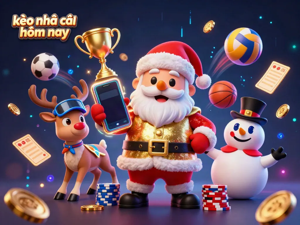 Engage with kèo nhà cái hôm nay as Santa and friends celebrate sports betting in a vibrant casino.