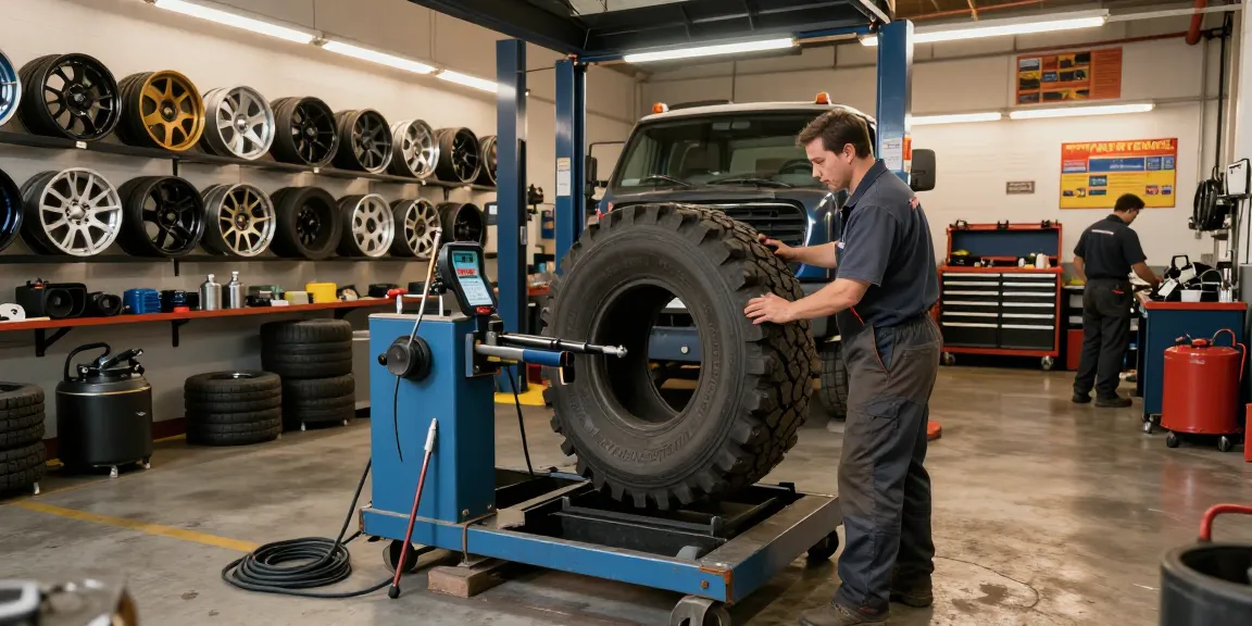 Mechanic working on RR99 tire in busy automotive shop, showcasing expertise and teamwork.