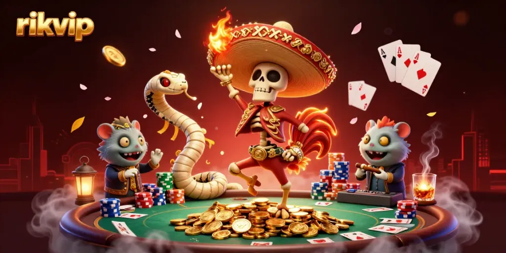 Experience thrilling gameplay with rikvip as a mariachi rooster celebrates victory surrounded by casino elements.