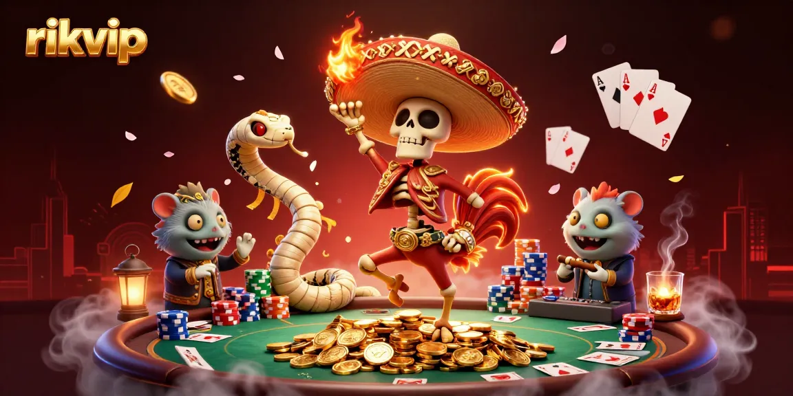 Experience thrilling gameplay with rikvip as a mariachi rooster celebrates victory surrounded by casino elements.