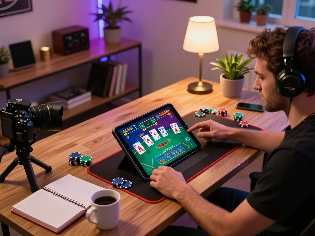 Engaging in gamebaidoithuong online at a stylish desk with vibrant poker hands visible on tablet screen.