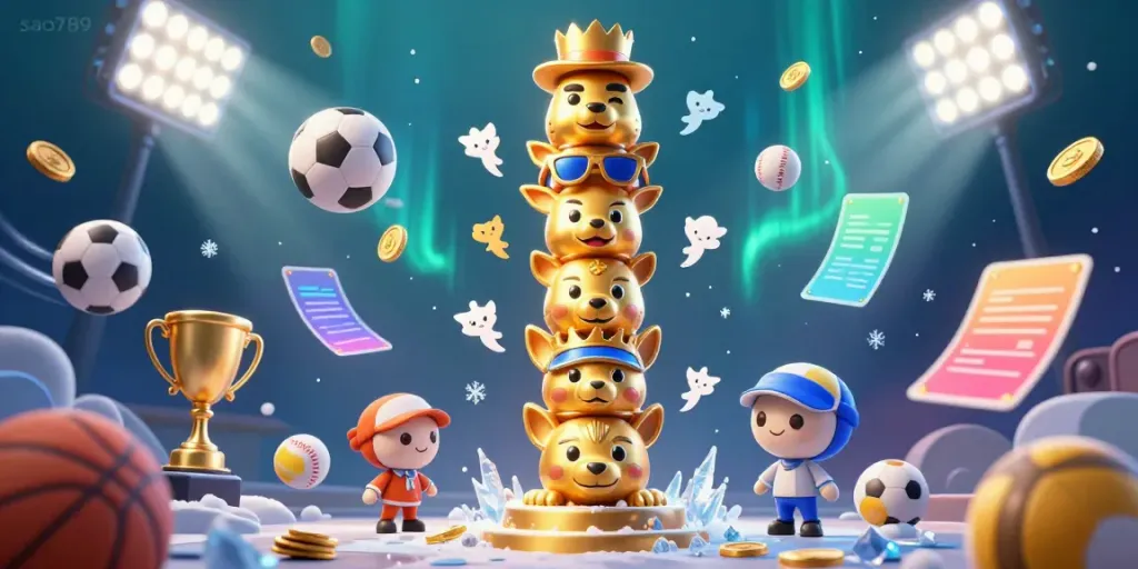 Sao789 brings excitement to the casino scene with a dynamic illustration of a golden totem pole and sports elements.