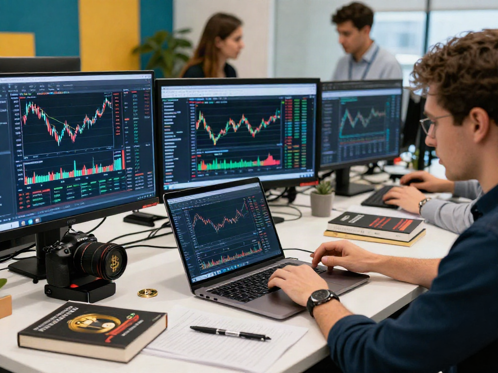 BTC 가격을 분석 중인 투자자의 모습과 금전적 거래 환경