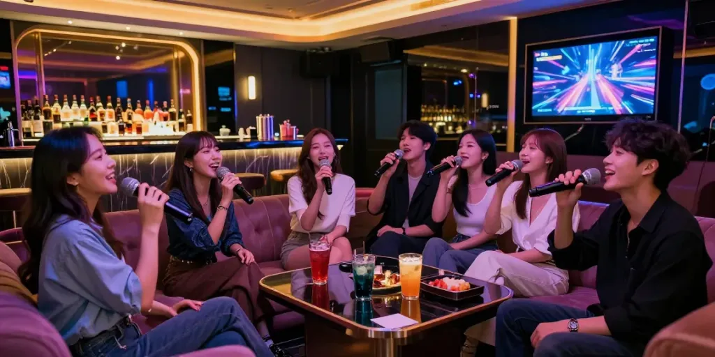 강남유앤미에서 친구들과 즐거운 시간을 보내는 모습과 화려한 분위기