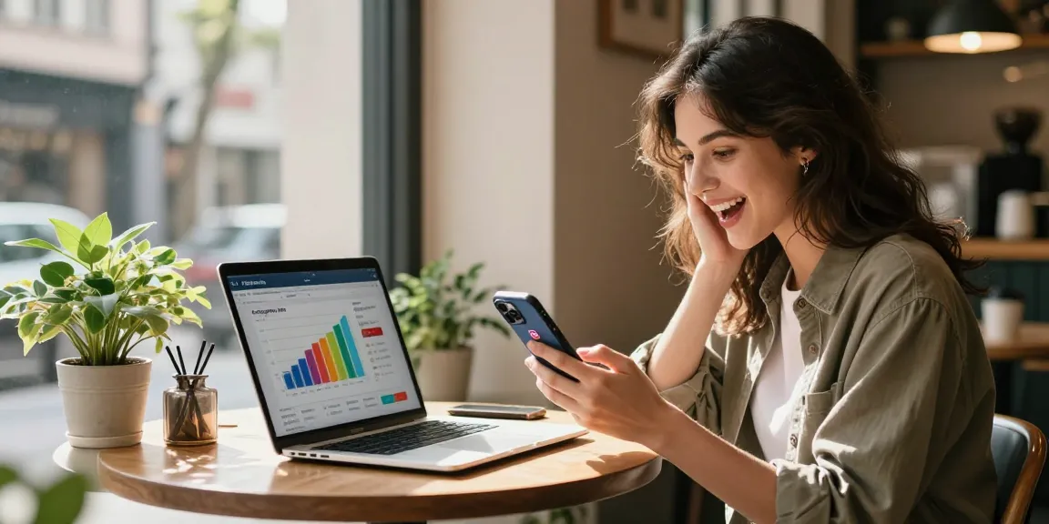 インスタグラムフォロワーを購入するために影響力を持つ若者がカフェでスマートフォンを見ながら興奮している様子