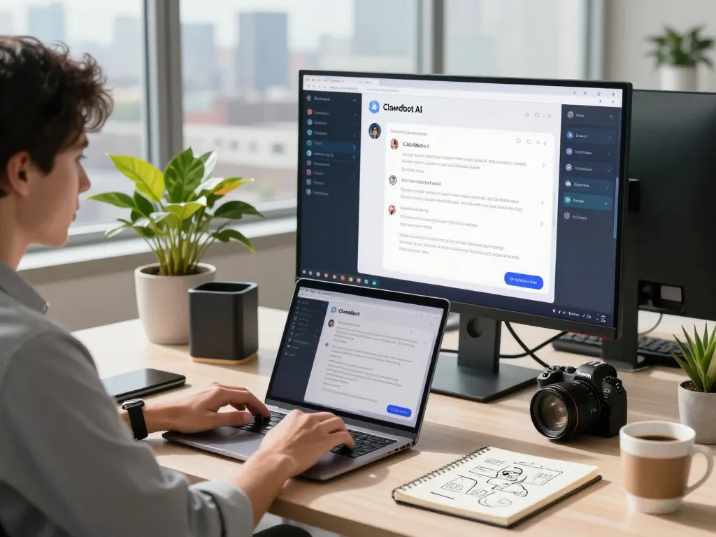 Engaging workspace showcasing a user with Clawdbot AI on a laptop, enhancing productivity.