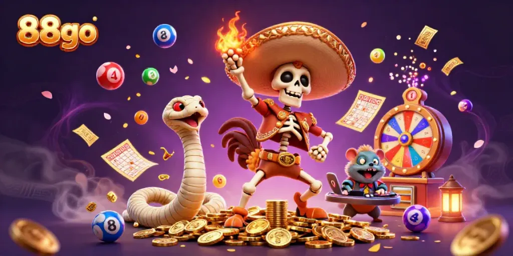 Experience the vibrant celebration with 88go amidst flying lottery balls and golden treasures.