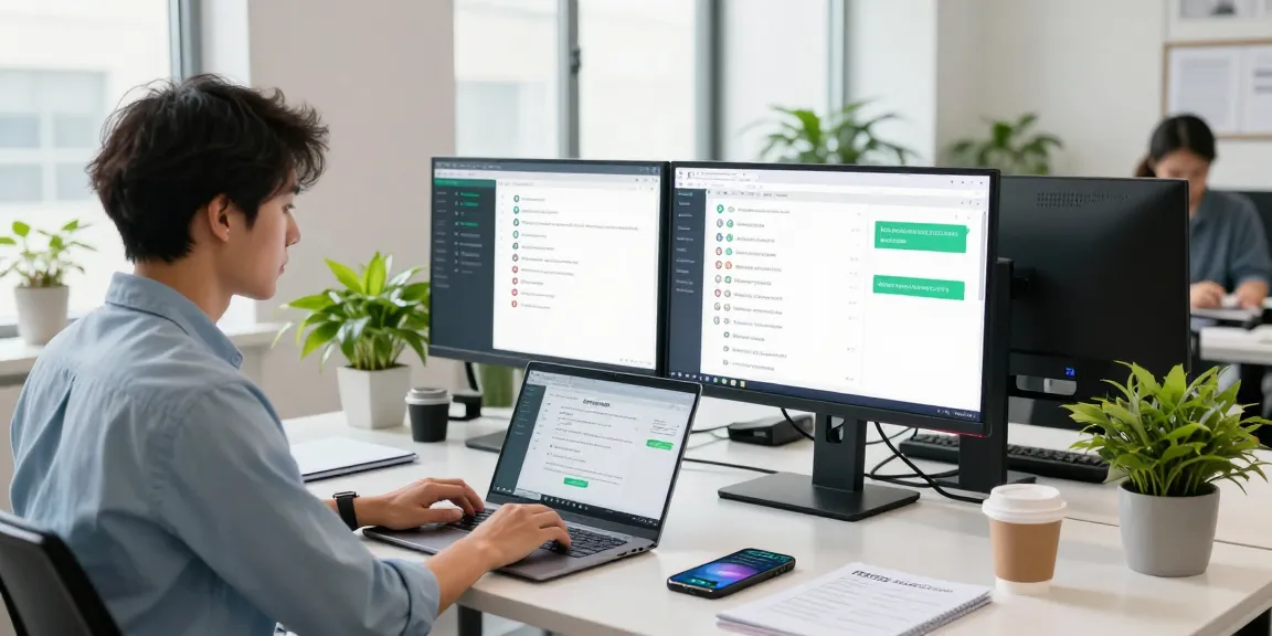 A young professional using WhatsApp網頁版 in a modern office, showcasing a tech-savvy workspace with dual monitors.