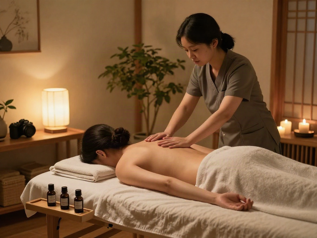 Enjoying a 경기도출장마사지 in a tranquil home spa setting with soothing atmosphere and professional therapist.