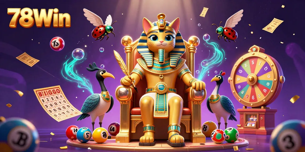 Experience thrilling wins with 78Win in this vibrant 3D casino illustration showcasing a pharaoh cat and dynamic game elements.