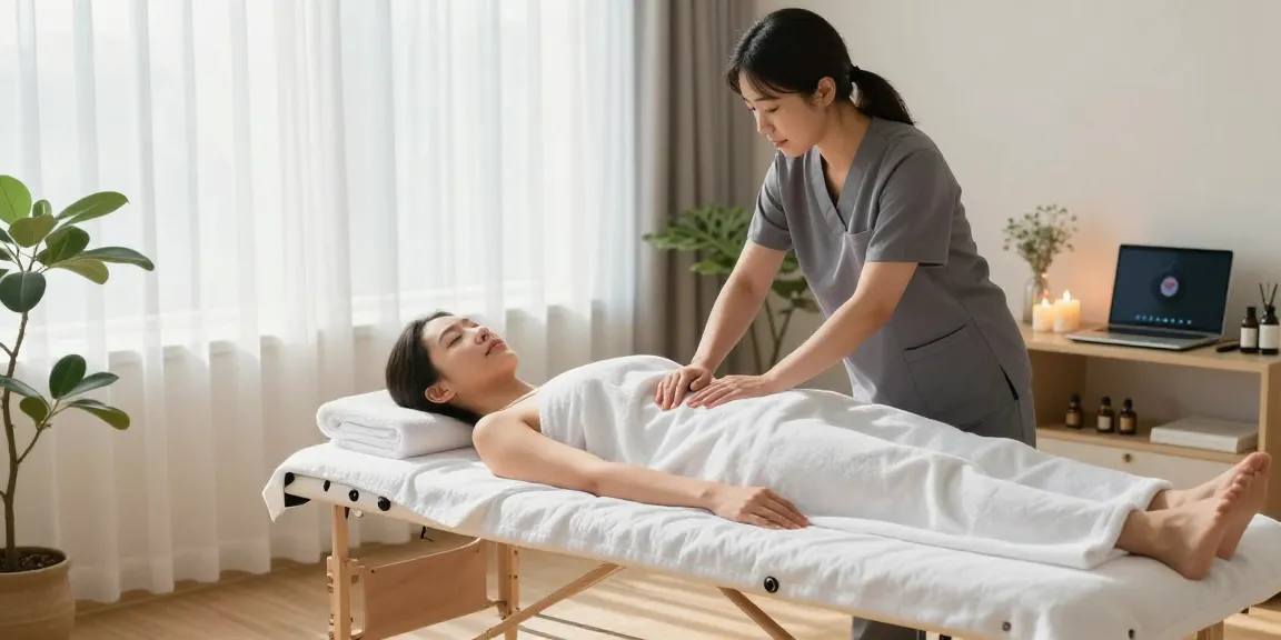 수원출장마사지 서비스를 제공하는 한국인 관리사가 편안한 분위기에서 고객에게 마사지를 진행하는 모습