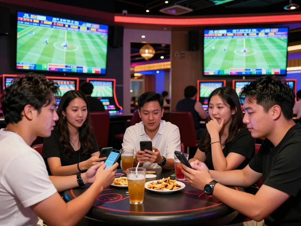 Sharing the thrill of lc88 life while friends actively engage in sports betting in an upscale casino setting