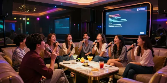 강남 달토의 고급스러운 노래방에서 친구들이 즐겁게 노래하는 모습