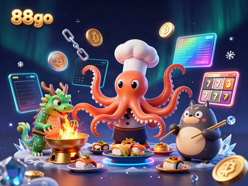 Engage with the vibrant 88go 3D casino scene featuring a skilled octopus chef and magical elements.