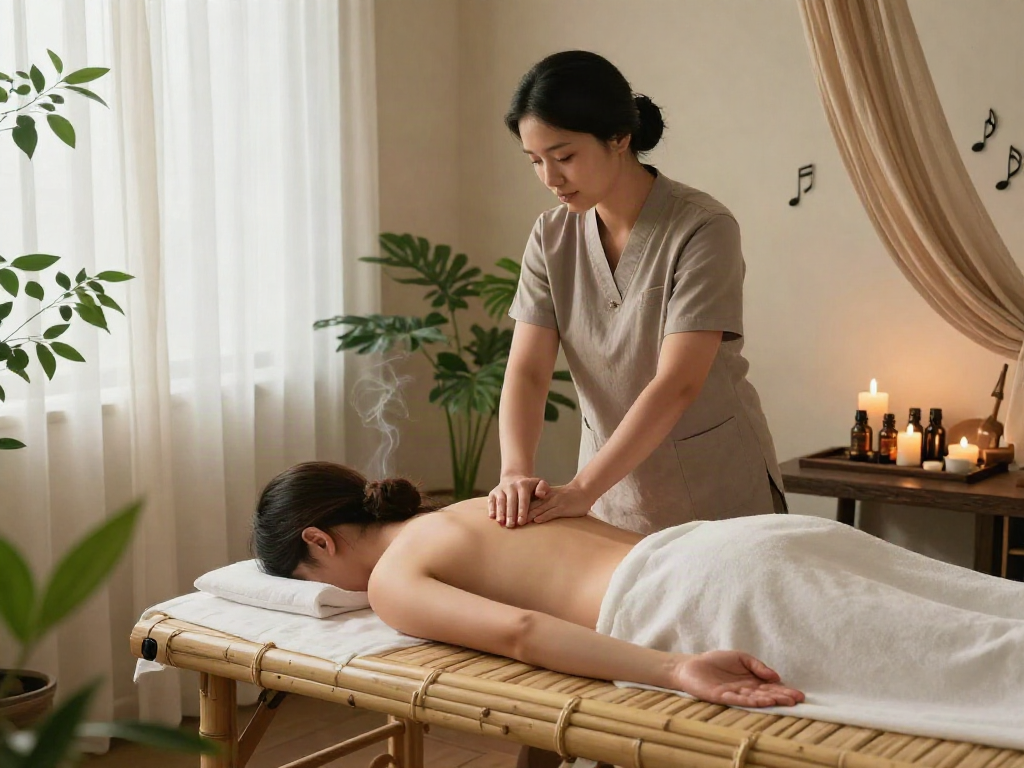 Relaxing 남양주출장마사지 session in a serene spa environment with calming natural elements.