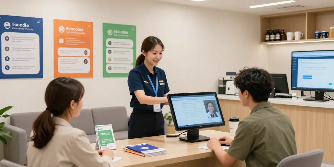 Client interaction at an 오피사이트 service desk with professional consultation.