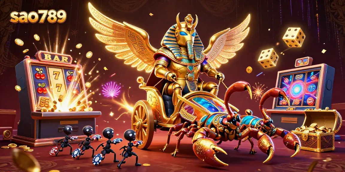Experience epic gaming thrills at sao789 with a golden scarab and scorpions showcasing a vibrant casino scene.