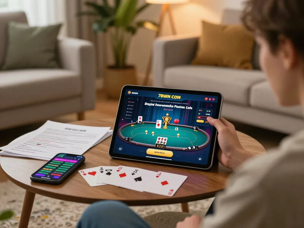 Engaging with the 78WIN COM poker interface on a tablet in a cozy living room setup.