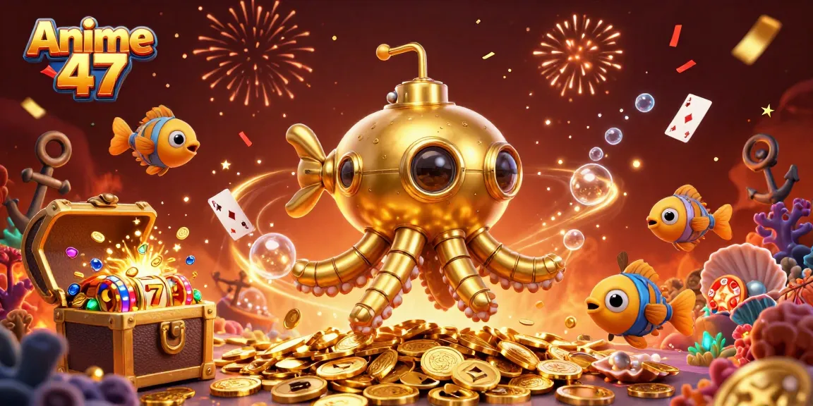 Engage in Anime 47 casino fun with a vibrant scene of a kraken submarine amidst a whirl of gold and gaming elements.