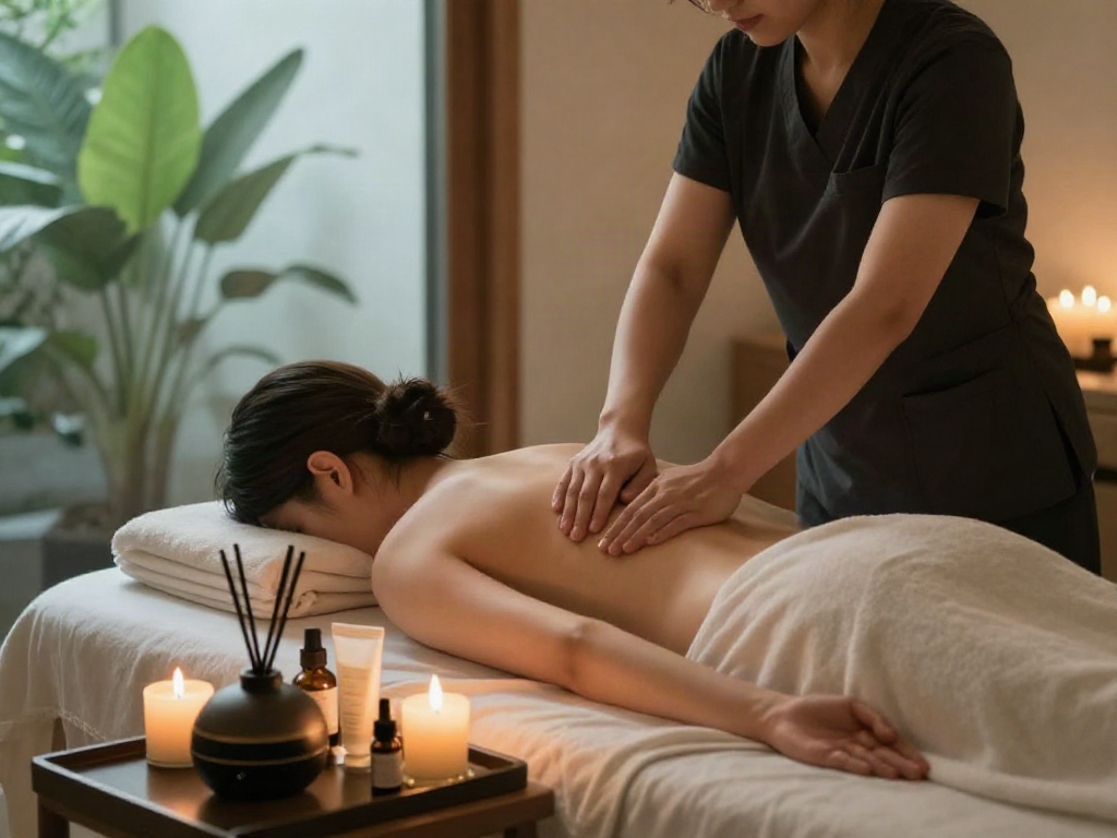 Relaxing 성남출장마사지 scene with tranquil spa setting, soothing ambiance, and aromatic elements.