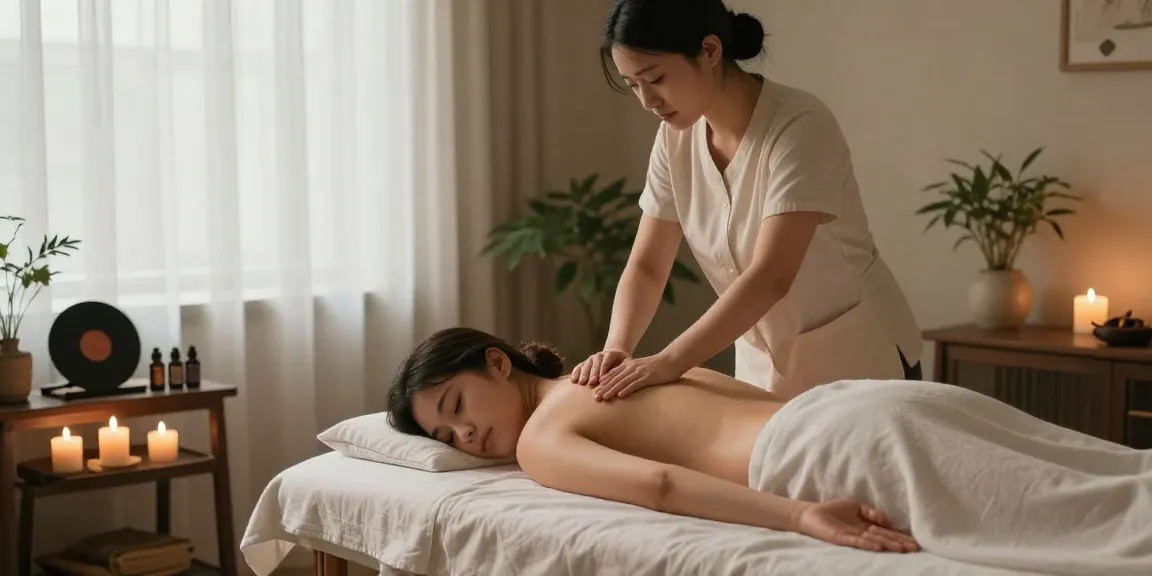부천출장안마의 편안한 마사지 치료 장면, 아로마 향초와 식물로 아늑한 분위기 연출