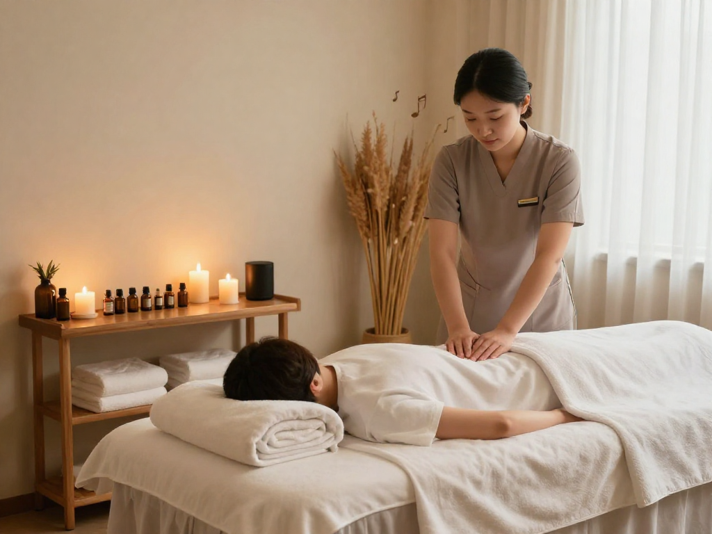 Tranquil 부평출장마사지 spa scene featuring a relaxing treatment room with soft lighting, essential oils, and calming atmosphere.