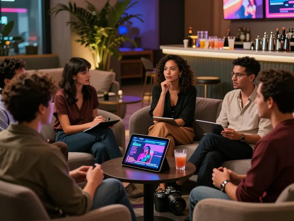 Group discussing ai sex innovations in a modern lounge with tech elements.
