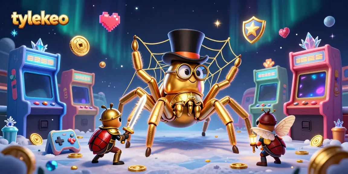 Engage with tylekeo's casino magic featuring a golden tarantula weaving gold threads in an enchanting scene.