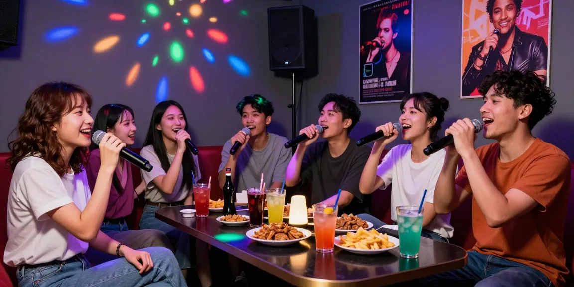 강남가라오케에서 즐거운 시간 보내는 친구들, 마이크를 들고 화려한 조명 아래 노래 부르는 모습.