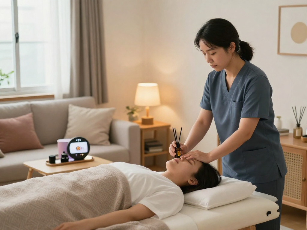 Comfortable living room scene showcasing 부평출장마사지, emphasizing relaxation and home care service with soothing decor.
