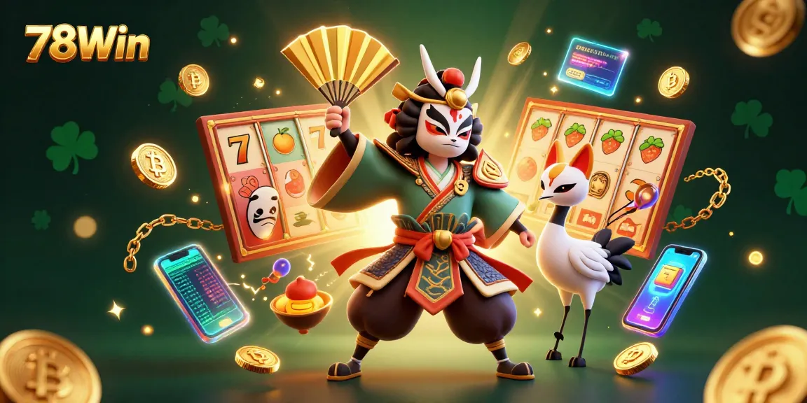 Engage with 78Win's thrilling slots, featuring kabuki warriors and crypto elements in a vibrant scene.