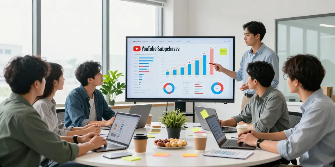 YouTube 登録者 購入に関するデジタルマーケティングチームの会議シーン