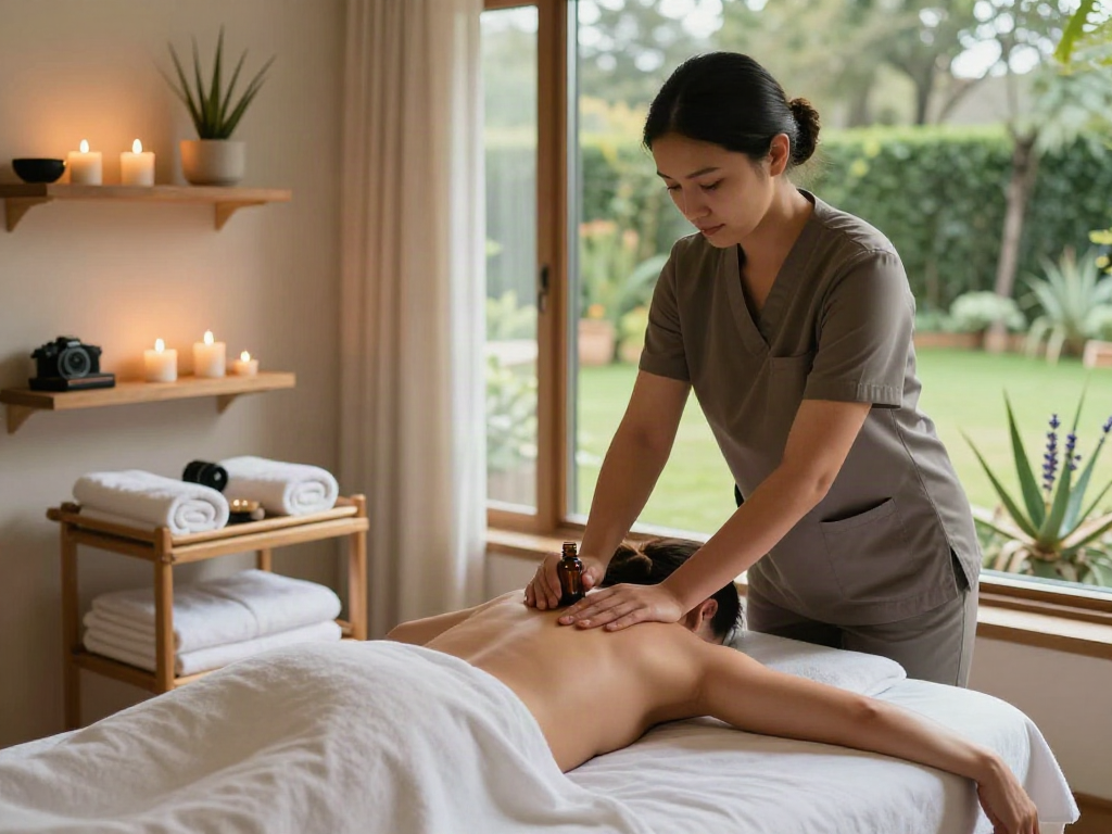 Experience 서대문출장마사지 in a serene spa setting with calming elements and a professional therapist.