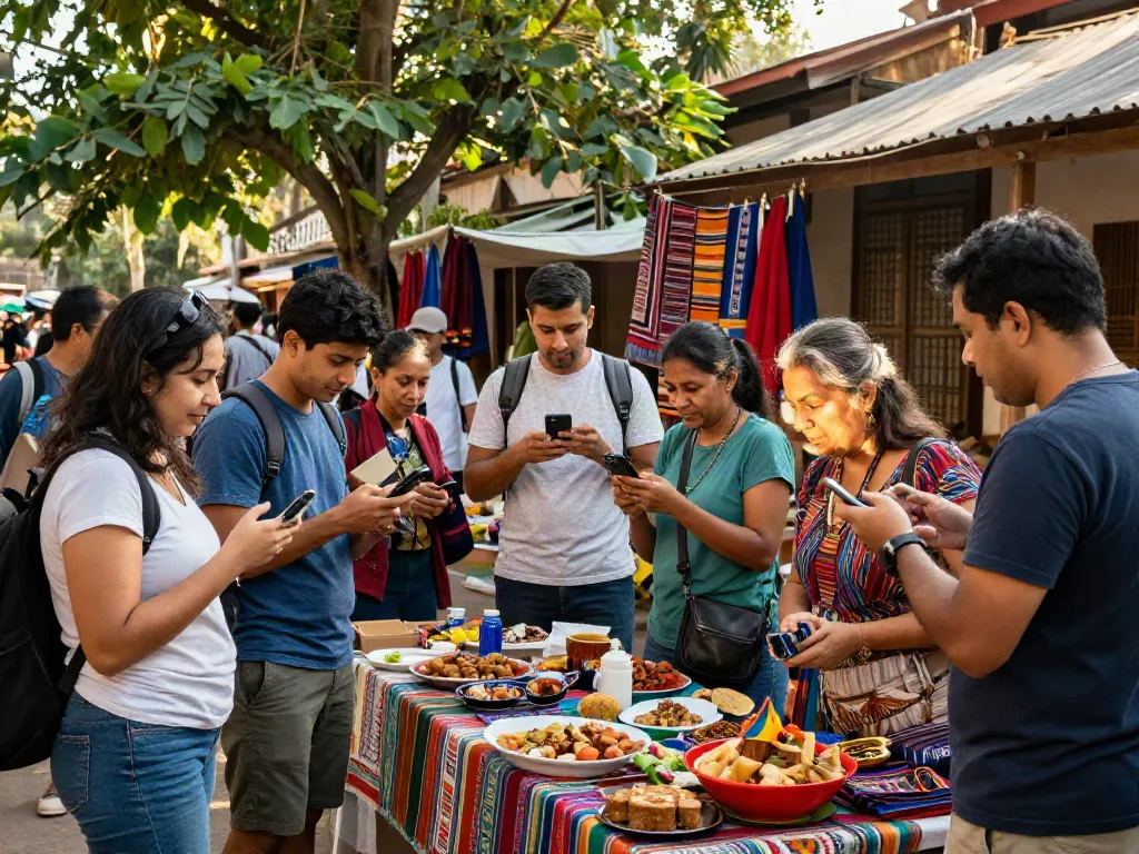 Travelers enjoying local culture and food at vibrant market, rokok88 adventure.
