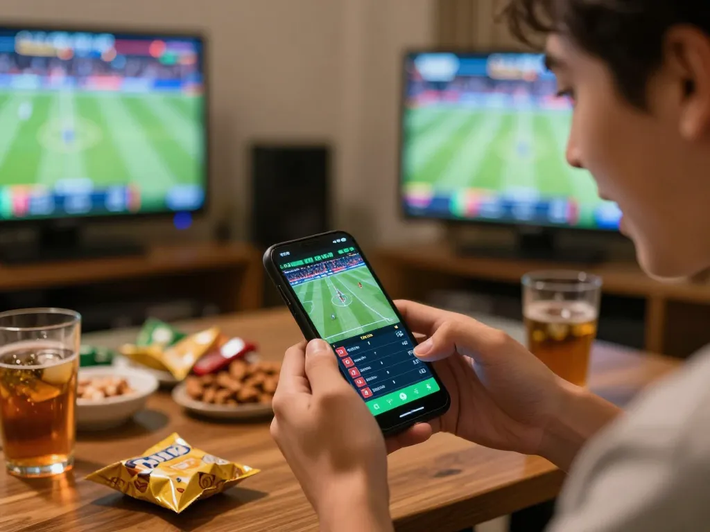 Engaging in sports betting with Keo nha cai 5 on smartphone in a cozy setting.